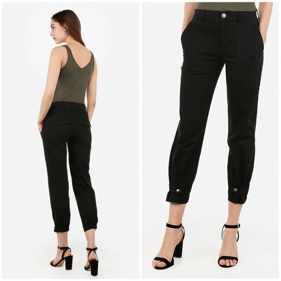 EXPRESS High Waisted Straight Cropped Cinched Hem Utility Pant, Pitch Black - Picture 1 of 13